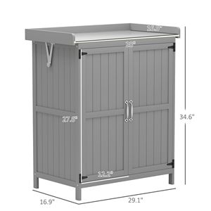 Banco da Giardinaggio in Legno Grigio con 2 Ante, Armadio per Esterni e Ripostiglio per Attrezzi da Giardino con Piano in Metallo e Mensola - Product Image 3