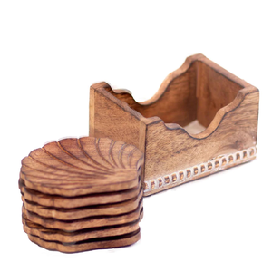 Posavasos de Madera con Diseño de Conchas Marinas, Ecológicos, Hechos a Mano, Estilo Rústico, con Soporte, Opciones de Logotipo Personalizado Grabado - Product Image 1