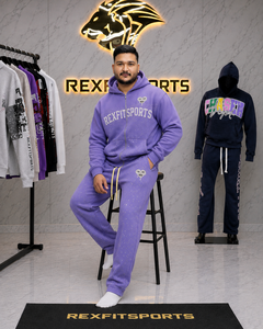 Ensemble de survêtement personnalisé pour homme, violet, avec motif graphique, en molleton premium, comprenant un sweat à capuche zippé et un pantalon de jogging, imprimé sur toute la surface, style streetwear, marque privée - Product Image 5