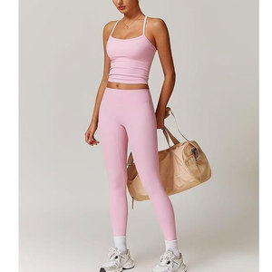 Pink Two Piece Yoga Set High Waisted Leggings Crisscross Strap <b>Crop</b> <b>Top</b> Seamless Full Length Spandex Polyester - Product Image 4