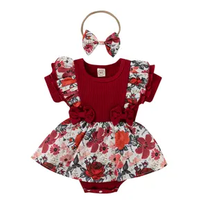 Toptan bebek kız elbise seti fırfır yaz Romper kısa kollu yay etek pamuk bebek kız Romper