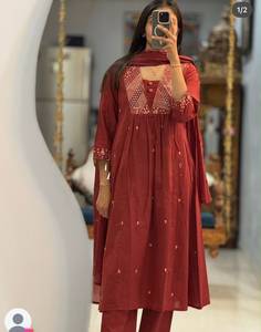 Women's Luxury Ethnic Chiffon Cotton Anarkali Gown Set with Embroidered Kurti and Dupatta for <b>Wedding</b> & Party Occasions - Product Image 1