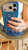 Coque de téléphone artisanale personnalisée en argent et or, ornée de perles, motif floral, broderie au point de croix, forme ronde colorée
