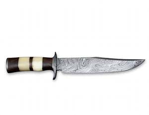 Couteau d'extérieur artisanal en acier Damas, manche en os de chameau et bois, double garde en acier - Product Image 3