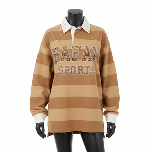 Camiseta de Rugby para Mujer, Tejido Jersey de Algodón Grueso de 260 GSM, Color Marrón Beige con Paneles a Rayas, Logotipo con Pedrería, Personalizada - Product Image 6
