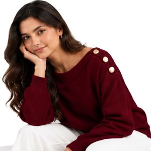 Suéter de Punto Color Vino Tinto para Mujer, Elegante, con Detalle de Botones Dorados en el Hombro, Cuello Asimétrico, Manga Larga, Informal, para Invierno - Product Image 4