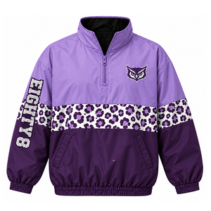 เสื้อแจ็คเก็ตวินด์เบรกเกอร์เชียร์ลีดเดอร์แบบสั่งทำ สีม่วงลาเวนเดอร์ ลายเสือดาว ซิปครึ่งตัว พร้อมโลโก้นกฮูก สไตล์โอเวอร์ไซส์ สำหรับทีม - Product Image 1