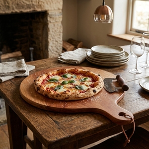 Planche à pizza ronde en teck massif naturel, planche à découper, plateau de service pour charcuterie, spatule en bois avec trou de suspension - Product Image 2