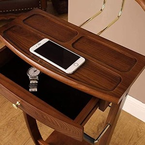 Porte-manteau autoportant en bois massif avec 1 patère à crochets, 1 étagère et tiroir, design traditionnel pour entrée et salon - Product Image 4