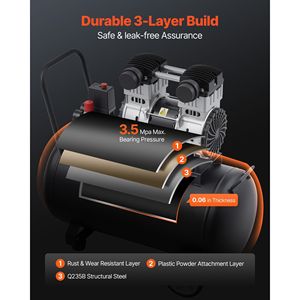 Compressore d'Aria Industriale Silenzioso 2HP 5.3 CFM@90 PSI con Serbatoio in Acciaio da 15 Galloni Senza Olio Pressione Massima 125PSI 78dB - Product Image 5