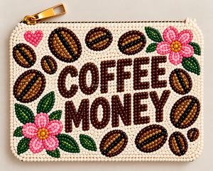 Pochette à monnaie artisanale en perles de rocaille avec motifs cerise café, marguerite, nœud et boissons glacées, pochette à fermeture éclair florale rose, vente en gros - Product Image 4
