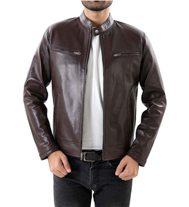 Veste moto en cuir véritable marron pour homme, col montant, fermeture éclair, coupe classique, pour l'automne - Product Image 1