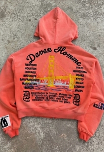 GENERSA SPORTS Sweat-shirt unisexe en molleton français polyester/coton, coupe courte oversize, avec fermeture éclair sur le devant, imprimé flamme et poche, couleur corail - Product Image 2