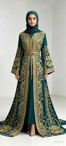 Abaya longue pour femme, col en V, manches longues, broderie florale, bleu marine, style Moyen-Orient, coupe ample, en rayonne anti-boulochage - Product Image 2