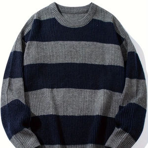 Pull en maille rayé gris personnalisable pour homme, col rond, manches longues, color block, décontracté, hiver, broderie numérique - Product Image 1