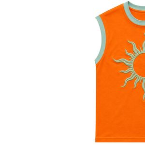 Camiseta sin mangas naranja con diseño de sol bordado en verde menta, chaleco informal de algodón para mujer, cuello redondo, tops de moda personalizados para verano - Product Image 3