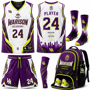 Custom White Purple Gold Basketball Uniform Set With Compression Sleeve Socks Backpack & Water Bottle Basketball Uniform Kit - Product Image 4