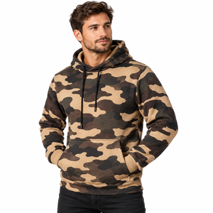 Winter Printed Sleeve Hooded Sweatshirt for <b>Men</b> Contrast Body Front Pouch Pocket Adjustable Hood Ties 100% Cotton <b>Fleece</b> Ribbed - Product Image 3