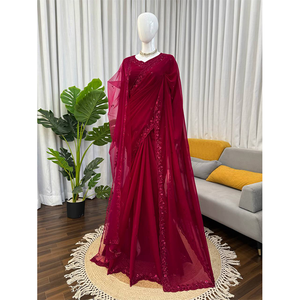 Magnifique sari indien en georgette, nouvelle collection de créateur, pour mariage, avec de riches broderies de sequins, pour femme. - Product Image 1