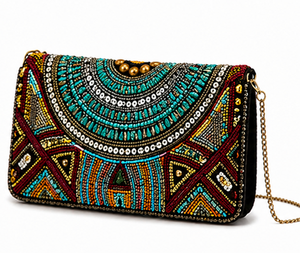 Pochette à perles turquoise avec chaîne |   Sac de soirée artisanal et original |   Sac à main ethnique bohème |   Design ethnique multicolore avec chaîne - Product Image 3