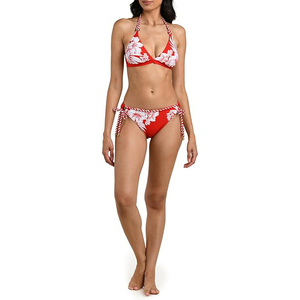 Red Hibiscus Floral <b>Plus</b> <b>Size</b> Women's Halter <b>Bikini</b> <b>Set</b> Braided Straps High Waist Bottom Crop Top UV Protection Breathable - Product Image 3