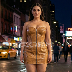 ขายส่งชุดมินิเดรสคอร์เซ็ท PVC สีทองมีซิปด้านหน้าไม่มีสายหนังบอดี้คอนปาร์ตี้แวร์คลับแวร์ชุดแฟชั่นสตรี - Product Image 1