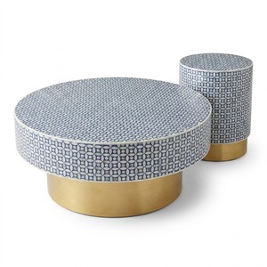 Table basse moderne ronde en os incrusté avec base cylindrique en laiton, motif mosaïque fait main de luxe, table centrale pour salon à prix abordable - Product Image 3