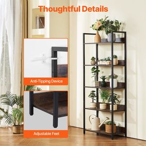 5-Tier Tall Industrial Metal <b>Bookshelf</b> <b>Rustic</b> Vintage Display Bookcase with Open Shelves Freestanding Freestanding Display Rack - Product Image 6
