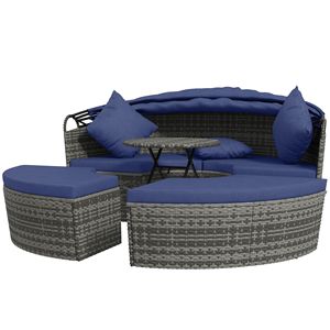 Set da Giardino in Rattan Blu a 4 Pezzi: Divano Letto da Esterno con Baldacchino, 2 Sedie, Tavolo Allungabile e Pouf, Include Cuscini - Product Image 1
