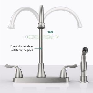 Rubinetto da Cucina Girevole a 360° con Doppia Maniglia e Spruzzatore Laterale Estraibile, 8 Pollici, 4 Fori, in Acciaio Inox 304, Finitura Nichel Spazzolato - Product Image 2