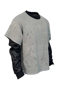 Custom Heavyweight Vintage Distressed Ripped Rhinestone Cross Graphic T <b>Shirt</b> Men Double Layer Long Sleeve Leather Sleeves - Product Image 4