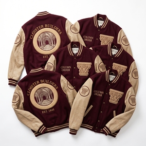 Veste universitaire personnalisée OEM en laine avec manches en cuir, broderie Cloister Builders Arcade, patch colonne capitale, marron - Product Image 1