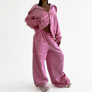 Women's Pink Hooded Sweatshirt & Wide Leg Pants Set 100% Cotton Loose Fit Casual All Seasons Knitted Two Piece Outfit Sets - Product Image 1
