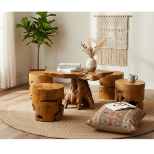ARTERRA Teak Root <b>Rustic</b> <b>Coffee</b> <b>Table</b> Set with Natural Stools Handmade Living Room Furniture - Product Image 5