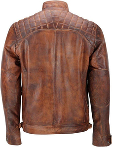 Veste moto en cuir véritable marron pour homme, col montant, fermeture éclair, coupe classique, pour l'automne - Product Image 2
