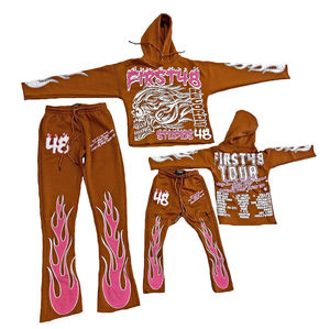 Ensemble de survêtement à capuche First48, manches longues, imprimé flamme, streetwear unisexe pour adultes, vêtements décontractés d'automne, 100% coton, fermeture à cordon - Product Image 5