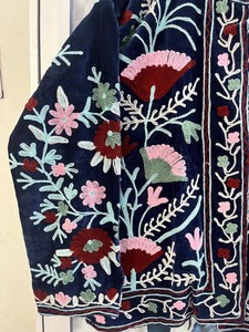 Bata de mujer con cuello en V, 100% algodón, reversible, con bordado floral azul, tipo kimono largo, con cinturón, para estar en casa, hecha a mano - Product Image 3