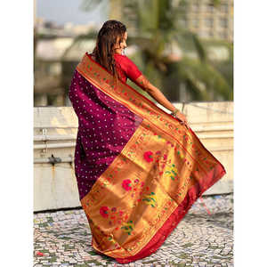 Sari de Seda Elite Weaves Wine Fusion con Zari Tejido Bandhani Paithani, Protección Solar, Secado Rápido, Tradicional, 650g, Estilo Indio-Pakistaní - Product Image 4