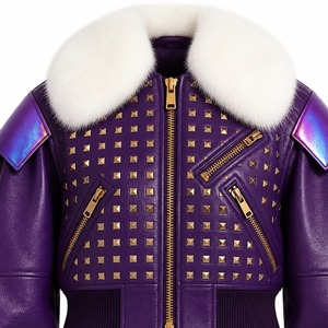 Blouson Bomber Unisexe en Cuir Violet Personnalisé avec Clous Dorés et Fermetures Éclair, Col Rond, Coupe Courte, pour l'Hiver, Style Motard, Vêtements et Tenues, Vente en Gros - Product Image 3