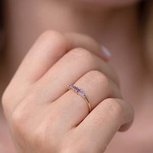 14k solid Gold Plated Amethyst Tapered Baguette Ring Prong Setting Minimalist Women's Gemstone Engagement Ring - Product Image 1