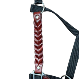 Braided Leather Horse <b>Halter</b> with Padded Crown Adjustable Nylon Rope Design Durable Cob Full Size Riding - Product Image 4