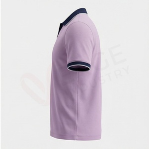Polo à manches courtes pour homme, couleur violette, tricot uni, coupe décontractée, col et poignets à bordure marine - Product Image 3