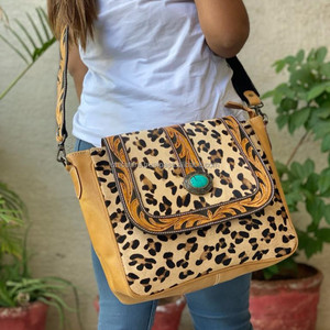 Western Style Animal Print Fur Leather Sling Bag Hand Tooled <b>Handbag</b> Women Leather Purse Hot Selling Cow Girls Bags - Product Image 3