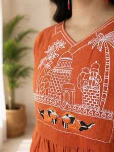Conjunto coordinado de 2 piezas de Kurti y pantalón de algodón bordado para mujer |   Ropa Festiva y Casual en Color Naranja Óxido - Product Image 4