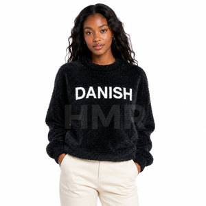 HMR Sorority Sisterhood <b>Black</b> Faux Sherpa Cardigan Crew Neck Thick Knitted Casual Winter Wear Flock Print Text - Product Image 1