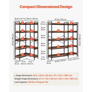 Libreria ad angolo a L in metallo resistente da 166 cm con 5 ripiani e 4 ganci, scaffale industriale con mensole in legno - Product Image 3