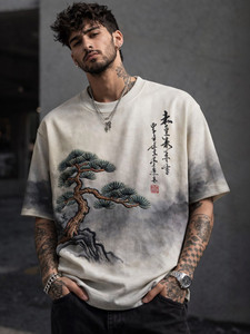 Camiseta Oversize de Cuello Redondo para Hombre, 100% Algodón, Teñido por Inmersión, Manga Corta, Estilo Urbano, Tejido de Punto Jersey, Color Liso, Diseño Sencillo - Product Image 3