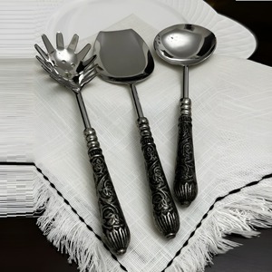 Salad <b>Servers</b> Set Metal Handled Serving Spoon Fork Spatula Embossed Design Black Handle Silver Finish - Product Image 1