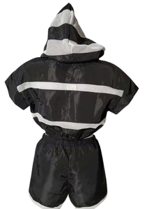 Women's Two <b>Piece</b> Waterproof Hooded Satin Zipper Sporty Activewear Tracksuit Set Short Sleeve Breathable Striped Shorts <b>Outfit</b> - Product Image 3