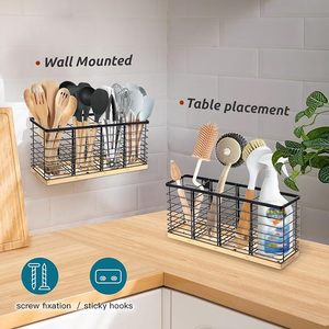 Porte-ustensiles de cuisine à 4 compartiments, organisateur de couverts en bois, support de rangement de comptoir, porte-argenterie rustique pour la maison - Product Image 3